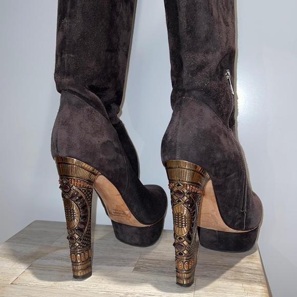 Le Silla 39/US 9 Brown Suede Metal Crystal Embellished Platform Tall Boots - Picture 11 of 16